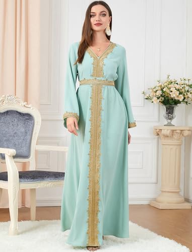 FYMNSI Women Muslim Abaya Dress Islamic Dubai Modest Lace Belted Dress Abayas Kaftan Eid Prayer Clothes Arabian Maxi Robe - color: Green, size: Large