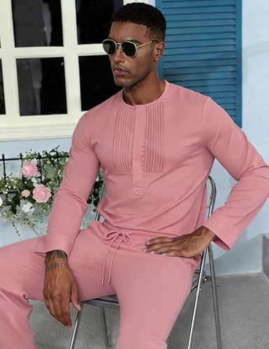 Mens African 2 Piece Set Nigerian Dashiki Traditional Suit Pleated Snap Button Shirts and Pants Outfit - color: Pink, size: XX-Large
