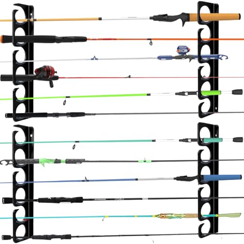 Fishing Rod Rack Pole Wall or Ceiling Storage Holder Hook Keeper Display Hanger Organizer Mount for Garage, Cabin Storeroom Porch and Basement Poles Holds 12 Rods Heavy Duty Metal safe - style: Store 12 Rods