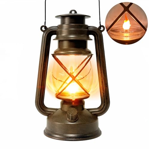 Vintage Lantern LED Outdoor Battery Powered Lanterns with Dancing Flame Wick Waterproof Camping Lamp Non-Solar Hanging Lantern Lights Landscape Decor for Indoor/Outdoor Use- Bronze Color