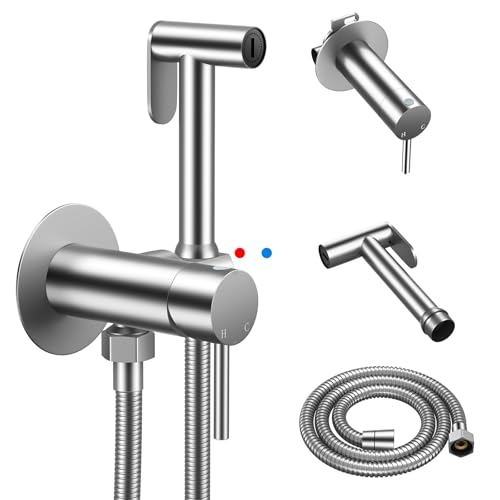 Arofa Built-in Hot and Cold Bidet Sprayer for Toilet, Warm Water Bidet with Adjustable Water Pressure, Dual Control Mode Toilet Sprayer with Toilet Hose for Feminine Wash, Wall Mounted - color: Brushed Nickel, size: Built-in Hot & Cold Round-1 Pack