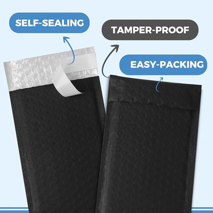 110-Pack Bubble Mailer 4'' x 8'' - Self-Sealing Waterproof Small Mailing Envelopes Padded Lightweight Shipping Bags for Accessories, Small Parts, Jewelry, Trading Cards, Compact Items 4x7 Usable Space - color: Black - 110 Pack