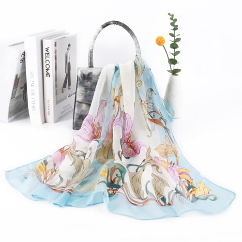 E-Clover Women Soft Floral Print Shawl Chiffon Sheer Scarf - color: Blue Lily