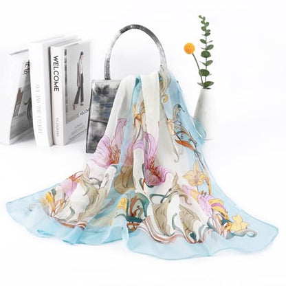E-Clover Women Soft Floral Print Shawl Chiffon Sheer Scarf - color: Blue Lily
