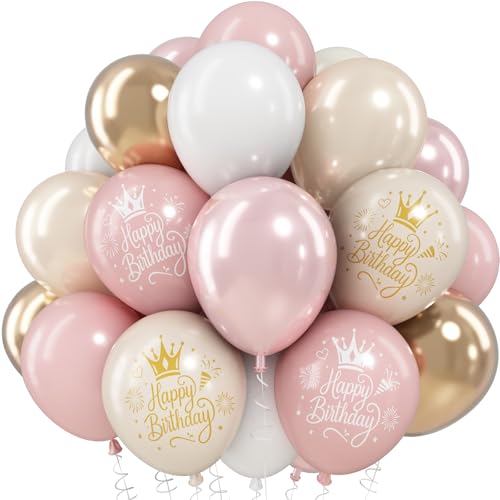 Dusty Pink Beige Gold Birthday Balloons for Women Girls, Double Stuffed Pearl Light Pink Dusty Rose Sand White Cream Printed Balloons with Metallic Light Gold Balloon for Boho Neutral Birthday Party - color: Dusty Pink White Birthday