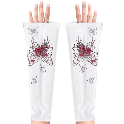 OULIGET Sun Protection Cooling Sleeves,Anti-slip Gardening Arm Sleeves,Loose Large Opening Butterfly Boho UV Cover for Women - color: Red