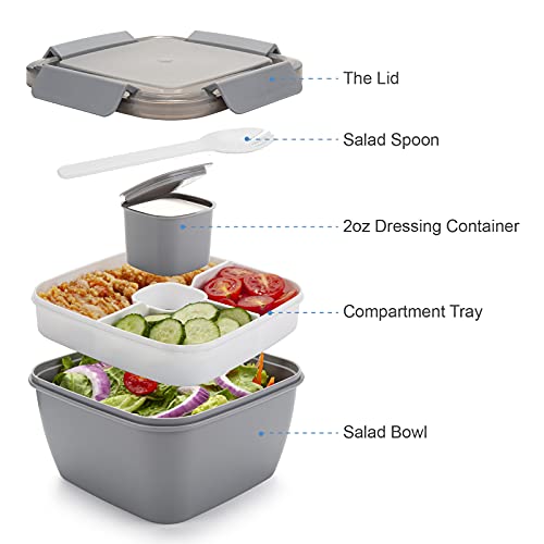 Freshmage Salad Lunch Container To Go, 52-oz Salad Bowls with 3 Compartments, Salad Dressings Container for Salad Toppings, Snacks, Men, Women (Grey) - color: Grey-52oz
