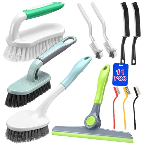 11 Pcs Cleaning Brush Set with Squeegee Crevice Gap Brushes Handheld Scrub Brush and Hard Bristle Detail Brushes Multi-Purpose Household Cleaning Tools for Kitchen Bathroom Sink Grout Window