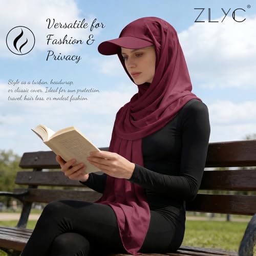 ZLYC Women Muslim Hijab Scarf with Visor Built-in Undercap Sun Protection Headwrap - color: Solid Red