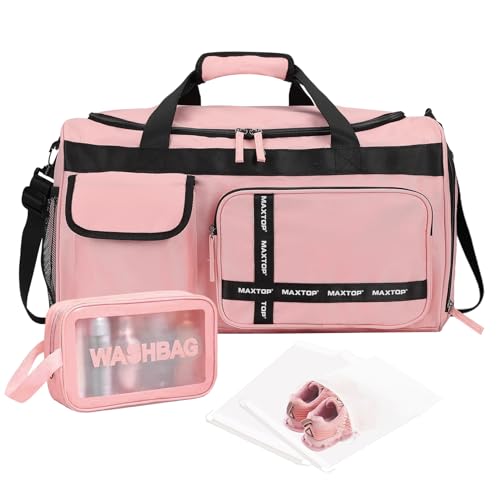 MAXTOP Gym Bag for Women Men Travel Duffle Bag Large Capacity Carry On Weekender Overnight Bag With Shoe Compartment Gym Tote Dry Wet Separation Duffel Bag for Travel - color: Pink Set, style: Gym Bag&toiletry Bag