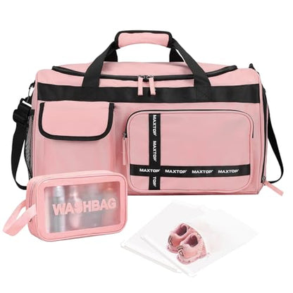 MAXTOP Gym Bag for Women Men Travel Duffle Bag Large Capacity Carry On Weekender Overnight Bag With Shoe Compartment Gym Tote Dry Wet Separation Duffel Bag for Travel - color: Pink Set, style: Gym Bag&toiletry Bag