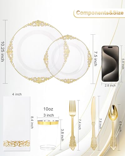 Nervure 175PCS Clear Gold Plastic Plates - Gold Disposable Dinnerware Set for 25 Guests Include 50 Disposable Plates, 75 Plastic Silverware, 25 Cups, 25 Napkins for Wedding & Party - color: Clear, style: 175Pcs(25Guests)