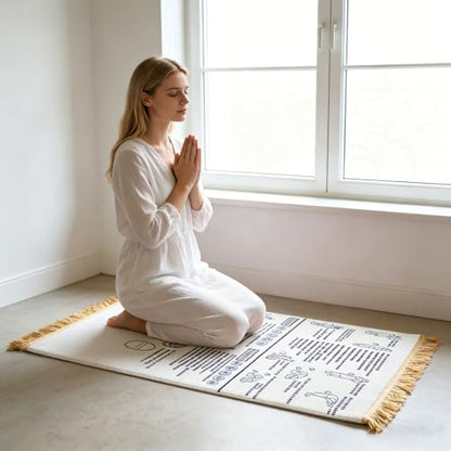 Bilingual Guided Prayer Mat with English Reading & Arabic Recitation Guide, Non-Slip Salah Prayer Mat with Instructions for Prayer Learning, Meditation (White, 80x120cm)