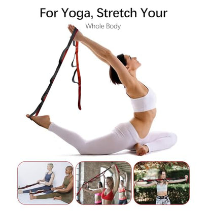 10 Loop Yoga Stretching Strap for Physical Therapy - Non-Elastic Exercise Band for Pilates, Yoga, Stretching for Women & Men - color: Red+Black