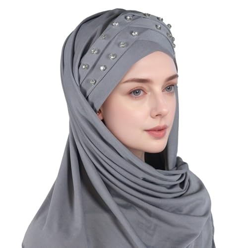 Muslim Head Scarf for Women Crystal Linen Rhinestone Cross Strap Turban Wrap Cap Elegant Breathable Sparkly Hijab - color: 04#_grey