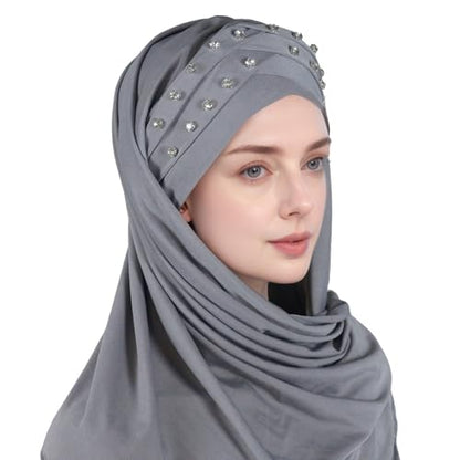 Muslim Head Scarf for Women Crystal Linen Rhinestone Cross Strap Turban Wrap Cap Elegant Breathable Sparkly Hijab - color: 04#_grey