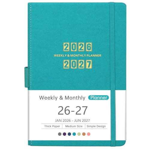 Artfan 2026-2027 Planner - 2026-2027 Planner Weekly and Monthly, Jul. 2026 - Jun. 2027, 26-27 Leather Planners, 5.75" x 8.25" - Green - color: Bluish Green