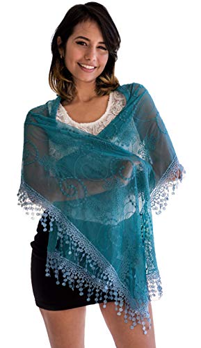 Cindy & Wendy Lightweight Soft Leaf Lace Fringe Scarf Bridal Shawl for Women - color: Tyh-aqua