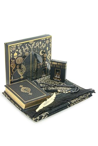 ihvan online Prayer Gift Set for Men & Women, Muslim Prayer Rug, Salah Mat, Beads Taasbih, Arabic Holy Quran, Islamic Gift Set for Ramadan & Eid, Black - color: Black