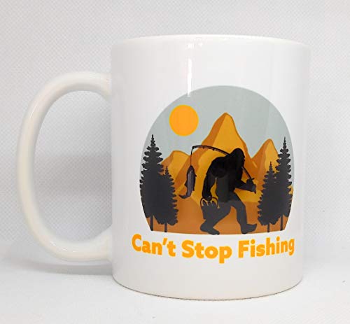 Can't Stop Fishing Bigfoot Yeti Ceramic Coffee Mug | Sasquatch Coffee Cup | 11-Ounce Mug | N022
