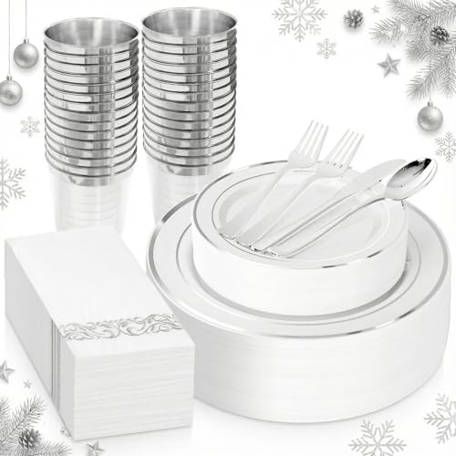 Supernal 200pcs Silver Plastic Dinnerware Sets for 25 Guests included Silver Silverware Set & Plastic Plates heavy duty Disposable Cups and Paper Napkins Disposable for Party Birthday and Wedding - color: 200pcs White and Silver Plastic Dinnerware