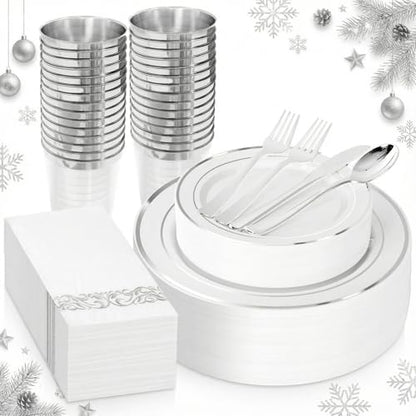 Supernal 200pcs Silver Plastic Dinnerware Sets for 25 Guests included Silver Silverware Set & Plastic Plates heavy duty Disposable Cups and Paper Napkins Disposable for Party Birthday and Wedding - color: 200pcs White and Silver Plastic Dinnerware