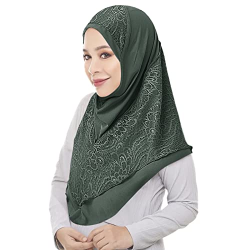 Women Muslim Hijab Scarf Floral Lace Head Wrap Turban Islamic Arab Ready to Wear Aiyah Amira Lightweight Shawl - color: Dark Green