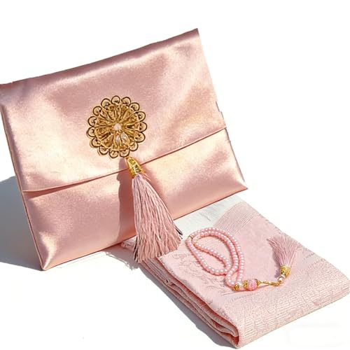 Muslim Prayer Rug with Tasbih and Portable Bag, Muslim Gift for Women Men, Mubarak Islamic Box, Soft Mat Islam Gifts Set, Turkish Sajadah for Ramadan, Eid, Hajj, Travel, Pray (Pink) - color: Pink