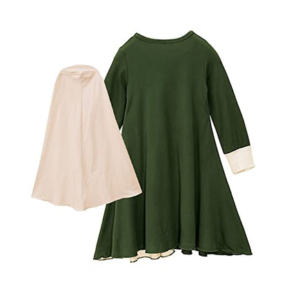 IBTOM CASTLE Abaya for Girl Kids Hijab Scarf Muslim Dress Two-piece Ramadan Prayer Clothes Islamic Arabic Kaftan Khimar Robe - color: Green, size: 5-6 Years