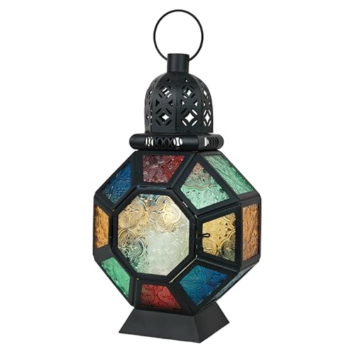 Vintage Large Size Decorative Ramadan Candle Lantern, 12’’ Metal Hanging&Tabletop Moroccan Stained Glass Lantern Candle Holder Decor, Decorations for Home Indoor Outdoor Patio (Colorful) - color: Colorful