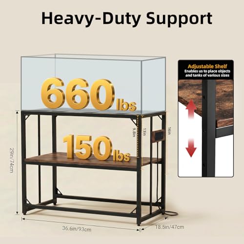 40 Gallon Tank Stand with Power Outlets - Heavy Duty Metal Fish Tank Stands for Turtle Reptile Terrarium, 2-Tier Aquarium Stand with Adjustable Wood Storage Shelf, 660LBS Capacity (Rustic Brown, 36.6"x18.5"x29") - color: Rustic Brown-with Power Outlets, s