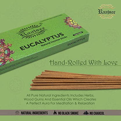 Raajsee Incense Sticks Eucalyptus 100 gm Pack-100% Pure Organic Natural Hand Rolled Free from Chemicals-Perfect for Church, Aromatherapy,Relaxation,Meditation,Positivity & Sensual Therapy - color: Eucalyptus