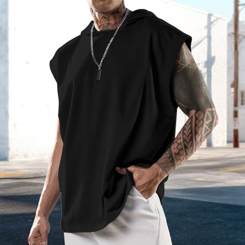domirica Mens Relaxed Hooded Tank Tops Abstract Print Crewneck Casual Breathable Summer Fitness Sleeveless Shirt - color: Black, size: X-Large