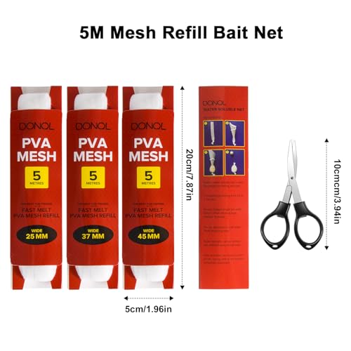 DONQL 5M PVA Mesh for Carp Fishing 3Pcs Fast Water Soluble Mesh Bait Bags | 45" PVA Bags for Carp Fishing, Refill Spawn Netting Bait Meshs, Fishing Refill Stocking for Rig Pellets - size: 25/37/44MM
