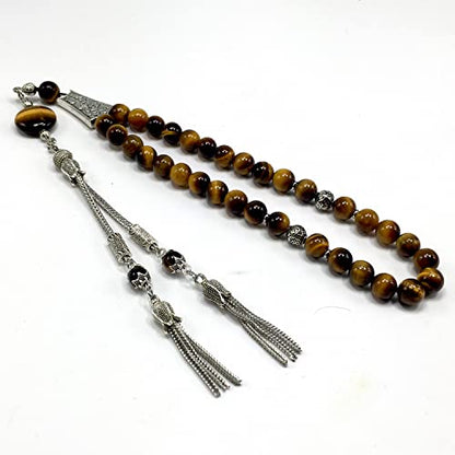 Stylist Prayer Beads (8 mm-33 Beads) Tesbih-Tasbih-Tasbeeh-Misbaha-Masbaha-Subha-Sebha-Sibha-Rosary (Tiger Eye Stone) - color: Tiger Eye Stone Special Long Tassel 8 mm 33 Beads