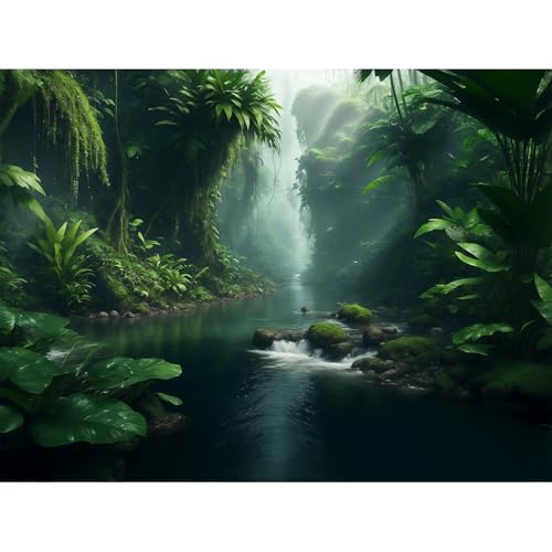 Jungle Aquarium Background Stream River Foggy Rainforest Terrarium Background Waterfall with Lush Green Jungle Plants Fish Tank Background Tranquil Natural Jungle Forest Aquarium Backdrop 24x12in - color: Tree Green, size: 24(W)x12(H)in