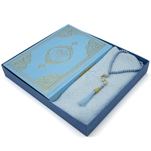 Modefa Prayer Rug Islamic Gift Set - Holy Quran in Arabic - Velvet Box with Quran and Tesbih (Blue) - color: Blue