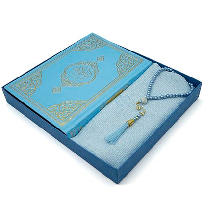 Modefa Prayer Rug Islamic Gift Set - Holy Quran in Arabic - Velvet Box with Quran and Tesbih (Blue) - color: Blue