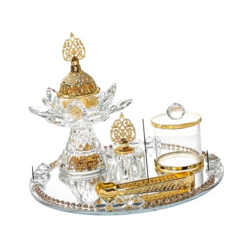 Generic Glass Incense Burner 5-Pieces Set Ramadan Decoration with Tray Storage Jar and Tongs Censer Arabian Incense Holder,Attractive Gold Incense Burner Set for Yoga SPA Desk Decor - style: Style D