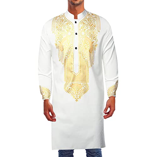 Kurta for Men Muslim Kaftan Button Up Henley Shirts Casual Ethnic Printed Long Sleeve Thobe Caftans Robes - color: White, size: XX-Large
