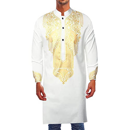 Kurta for Men Muslim Kaftan Button Up Henley Shirts Casual Ethnic Printed Long Sleeve Thobe Caftans Robes - color: White, size: Small