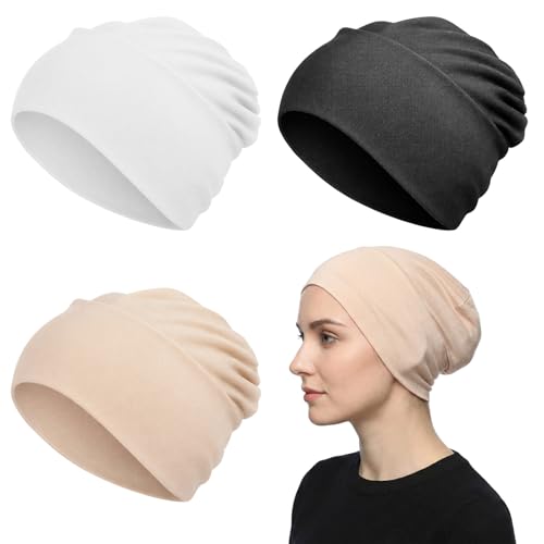 3 Pcs Women Hijab Undercap, Non Slip Hijab Cap, Solid Color Undercap Under Scarf for Women (Black, White, Khaki)