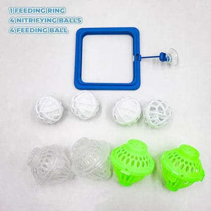 Turtle Aquarium Accessories, Tortoise Habitat Set with 1 Feeding Ring with Suction Cup 4 Nitrifying Balls and 4 Feeding Ball, Toys for Aquatic Turtles, Turtle Supplies