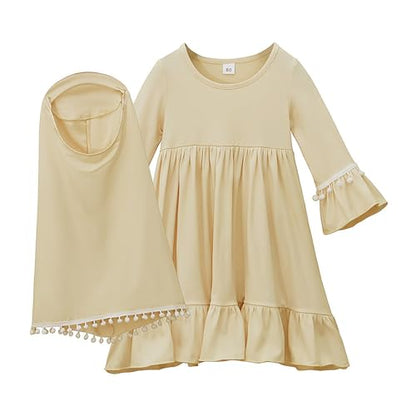 Muslim Dresses for Kids,2pcs One-Piece Long Sleeve Dubai Islamic Prayer Dress Prayer Rug Beads, Islamic Clothes Set - color: Khaki, size: 6-12 Months