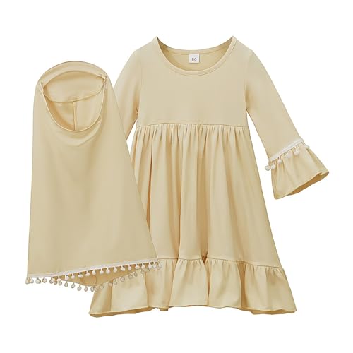 Prayer Set for Muslim Kid Girls Two Pieces Set Skirt Scarf, with a Prayer Rug and Rosary, Suitable East Dubai Clothes - color: Khaki, size: 4-5T
