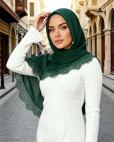 JUMISEE Elegant Floral Lace Hijab Scarf for Women Soft Cotton Head Wrap Instant Hijab Long Scarves Evening Dress Shawl - color: Green