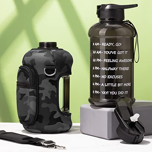 Fimibuke Half Gallon Water Bottle with Sleeve 64 OZ Water Bottle with Handle & Straw Leakproof Motivational Sports Gym Water Bottle with Time Marker BPA Free Water Jug with Reusable Neoprene Holder - color: Black, Grey