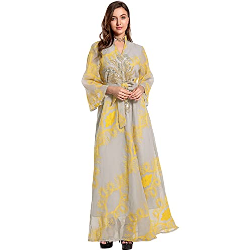 OBEEII Abayas for Women Muslim Applique Embroidery Long Sleeve Maxi Dress Loose Full Cover Islamic Dubai Robe Kaftan Abayas - color: Yellow, size: XX-Large