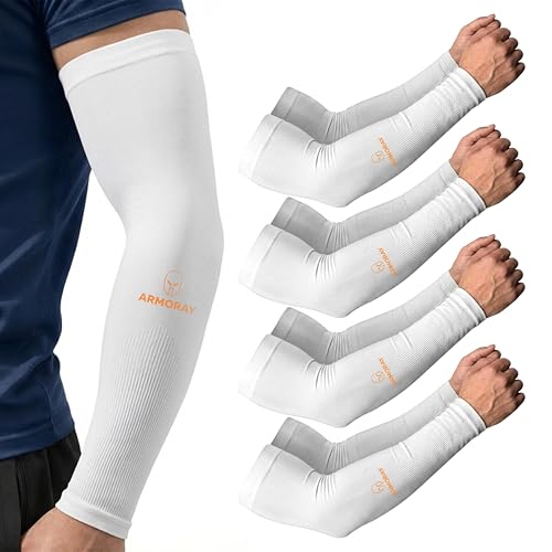 ARMORAY Arm Sleeves for Men and Women - UV Sun Protection Cooling Compression - Tattoo Cover Up Sleeve for Daily Wear & Work - color: White (4 Pairs)