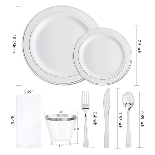Elama 350 Piece Disposable Plastic Dinnerware Party Set for 50 Guests in White with Silver Trim